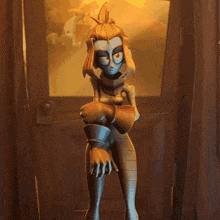 a cartoon character is standing in front of a door with her arms crossed and looking at the camera .