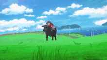 a girl is riding a cow in a field
