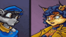a raccoon and a cat are looking at each other in a cartoon