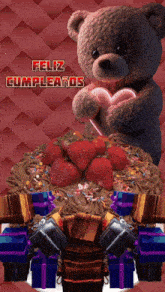 a teddy bear is holding a heart in front of a birthday cake