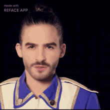 a man in a blue and white uniform has a bun on his head and is made with reface app