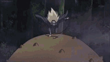 a cartoon character is holding a sword and chains in a forest .