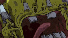 a cartoon of spongebob holding a syringe in his mouth with his mouth open .
