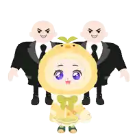 a little girl in a yellow chicken costume stands in front of two men in suits and ties