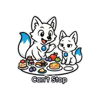 a cartoon of two foxes sitting at a table with food and the words " can 't stop " on the bottom