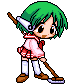a pixel art drawing of a girl with green hair holding a broom .
