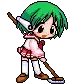 a pixel art drawing of a girl with green hair holding a broom .