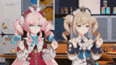 two anime girls are standing next to each other in front of a refrigerator with the word achevo on the bottom right