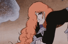 a cartoon drawing of a woman with long red hair laying down