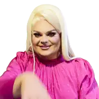 a woman with blonde hair is wearing a bright pink dress