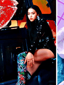 a woman in a black sequined jacket sits on a chair
