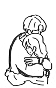 a black and white drawing of two people hugging each other on a white background .