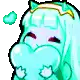 a pixel art drawing of a girl with long blue hair holding a heart in her mouth .