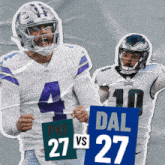 a collage of two football players holding signs that say phil 27 vs dal 27
