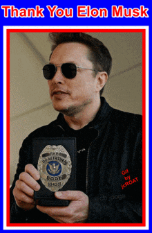 a man wearing sunglasses is holding a badge that says the dogefather