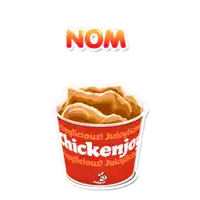 a sticker of a bucket of chicken joe says nom nom nom