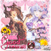 a picture of two anime girls with the words " good morning pretty princess "