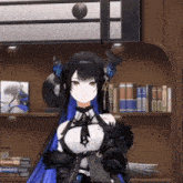 a girl with long black hair is standing in front of bookshelves