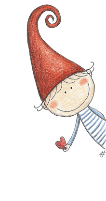 a drawing of a little girl with a red hat and striped shirt