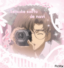 a picture of a man taking a picture with the words kensuke solito de navi on the bottom