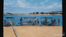 a painting of people on a beach with a boat that says mrs. marie