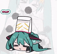 hatsune miku is laying down with a bag of potato chips on her head .