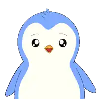 a blue and white cartoon penguin covering its eyes with its hands