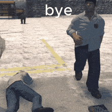 a man running in the snow with the word bye on the bottom