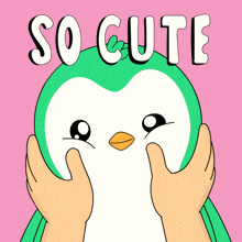 a penguin is being held by two hands and the words so cute are above it