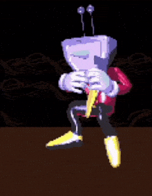 a pixel art drawing of a cartoon character with a tv head