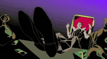 a cartoon of a man laying on the floor with his feet up