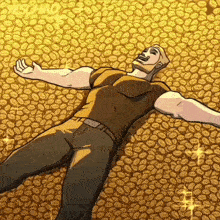 a cartoon drawing of a man laying on a pile of coffee beans