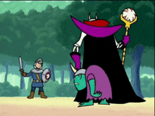 a cartoon of a man with a sword and shield standing next to a monster with horns