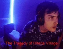 a man wearing headphones with the words the tragedy of hiteria village