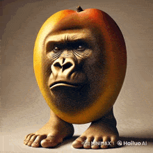 an apple with a gorilla face and human legs