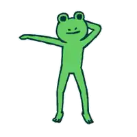 a green frog is standing with its arms outstretched and a smile on its face .