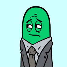 a green cartoon character wearing a suit and tie with a sad look on his face