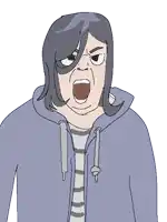 a cartoon drawing of a man with a striped shirt and a hoodie with his mouth open