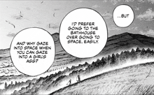 a black and white drawing of a landscape with the words " i 'd prefer going to the bathhouse "