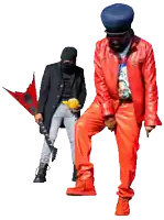 a man in a yellow jacket is standing next to another man in a black coat