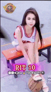 a girl is sitting on a bench with a basketball and the number 10