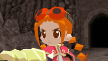 a cartoon character with orange hair and goggles holds a sword