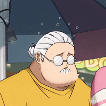 a cartoon of an older woman with glasses and a bun on her head