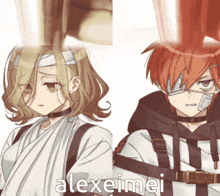 a girl with a bandage on her head is next to a boy with a bandage on his eye and the name alexeimei