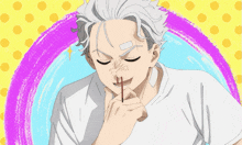 a man with a bandage on his forehead is holding a pencil in his mouth