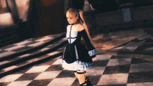 a girl in a black and white dress is standing in a checkered floor