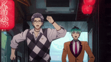 two anime characters are standing in a hallway with chinese writing on the wall