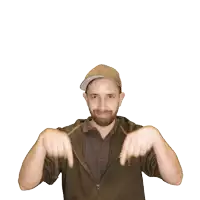 a man with a beard wearing a hat and a hoodie points at something