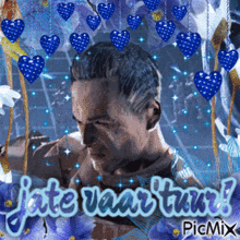 a man is surrounded by blue hearts and the words " jate voor twee " on the bottom