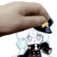 a pixel art drawing of a person petting a white cartoon character